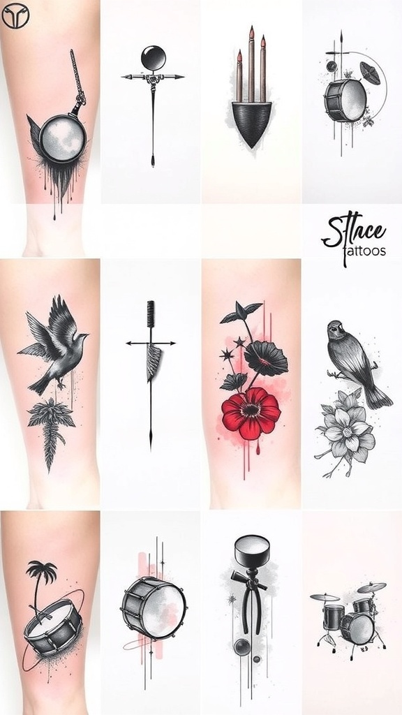 A variety of drumstick tattoo designs including realistic, minimalist, and colorful styles.